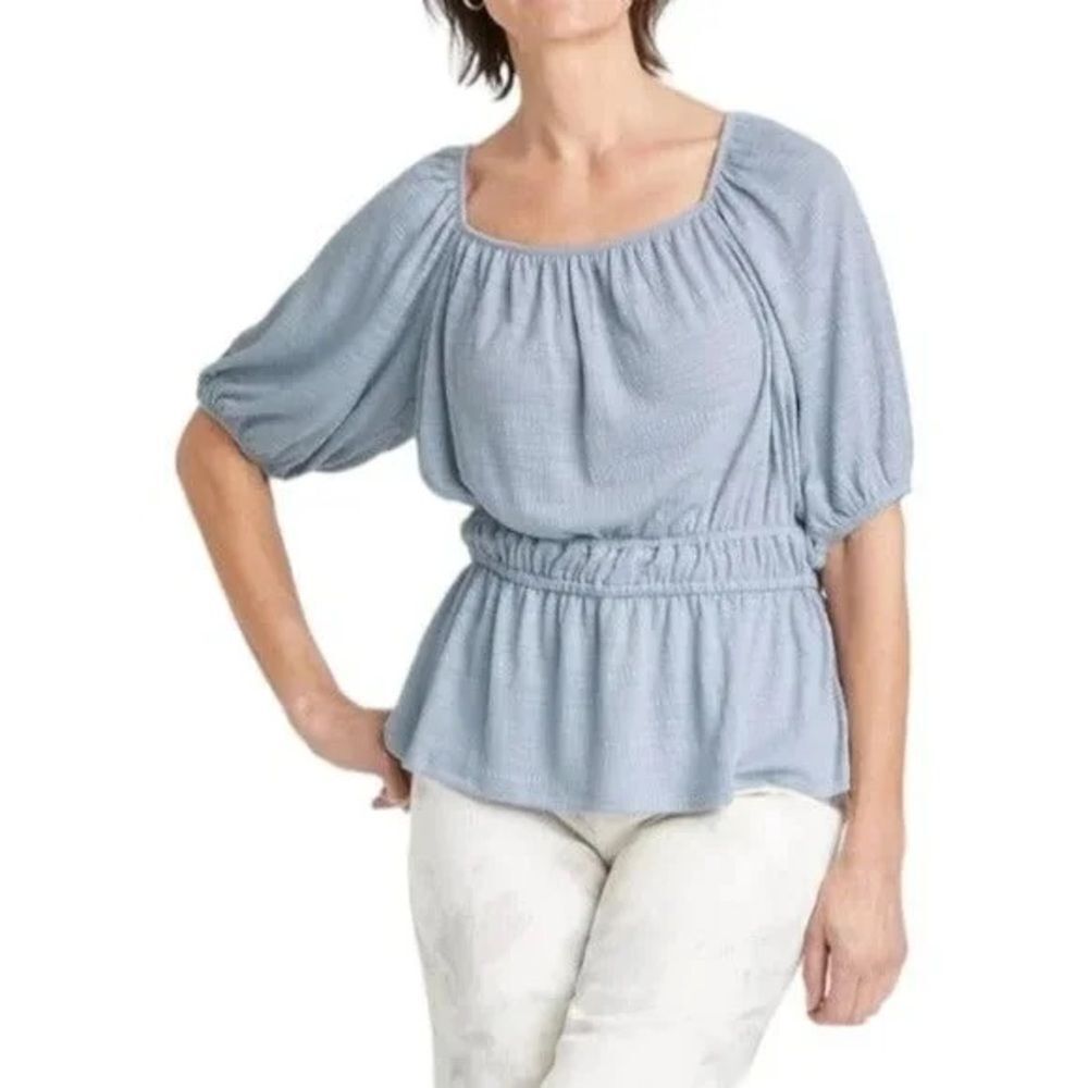 NWT Knox Rose Baby Powder Blue Puff Sleeve Peplum Waist Top Size Medium